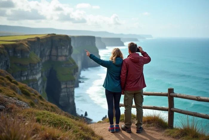 Couple de voyageurs admirant un paysage côtier spectaculaire depuis un point de vue en falaise lors d'un tour du monde