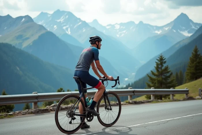 Cycliste français au sommet d'un col alpin, contemplant le panorama après une ascension historique