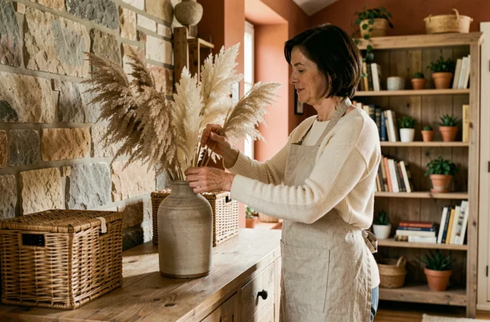 Femme arrangeant des herbes de pampa dans un vase en céramique sur un buffet en bois dans un salon chaleureux aux murs en pierre