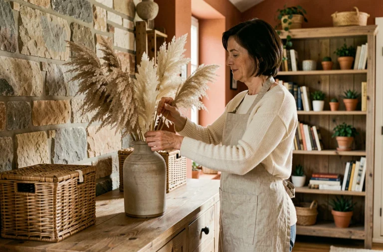 Femme arrangeant des herbes de pampa dans un vase en céramique sur un buffet en bois dans un salon chaleureux aux murs en pierre