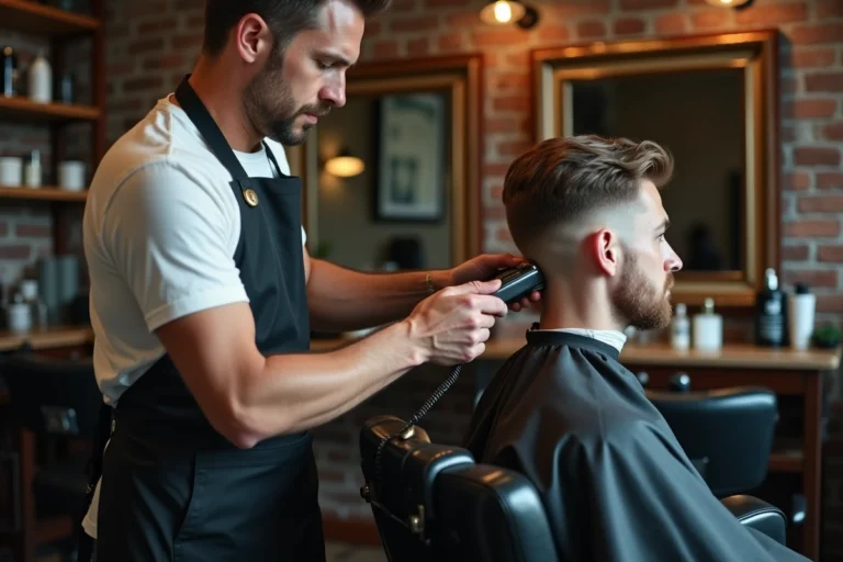 Barbier professionnel réalisant un dégradé bas sur un client dans un salon de coiffure vintage