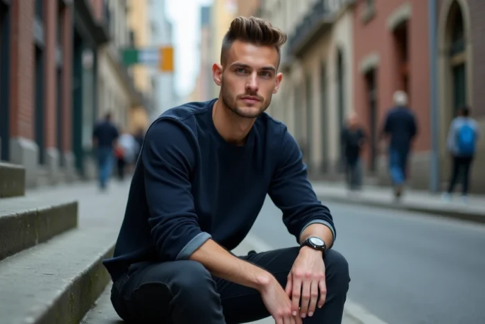 Homme avec une coupe dégradé bas bien nette posant dans un environnement urbain contemporain