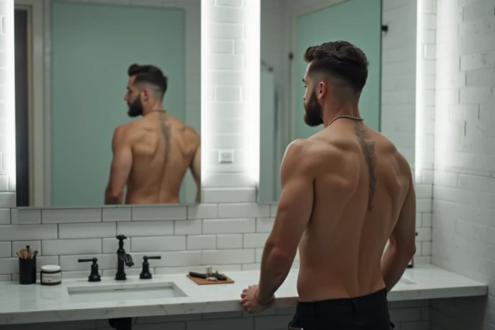 Vue de dos d'un homme montrant un dégradé bas peau précis dans une salle de bain moderne minimaliste