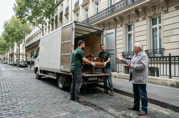 Déménagement d'un retraité SNCF devant un immeuble haussmannien avec des déménageurs professionnels