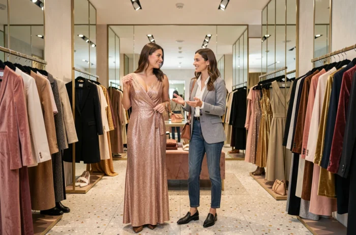 Deux femmes souriantes découvrant des robes de soirée glamour dans une boutique mode aux miroirs et décor raffiné