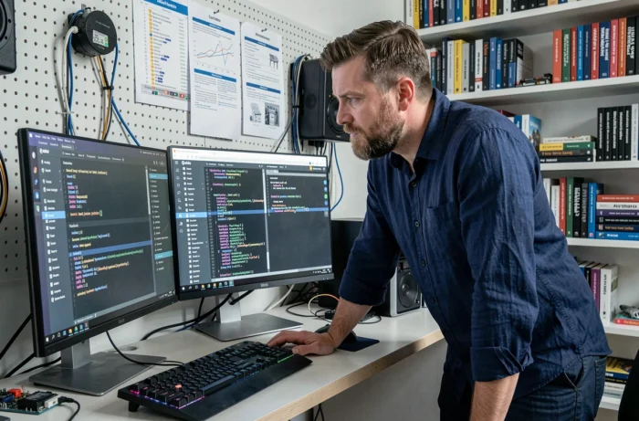 Développeur barbu gérant des dépôts open source sur double écran dans son bureau à domicile