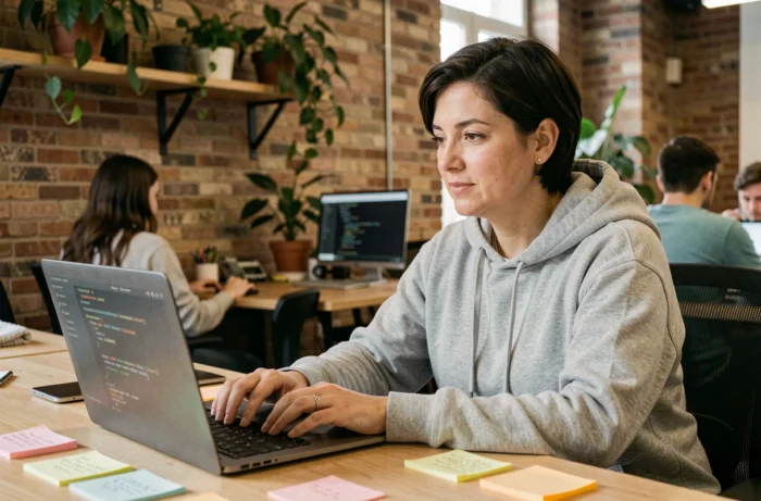 Développeuse concentrée travaillant sur un projet open source dans un espace de co-working moderne