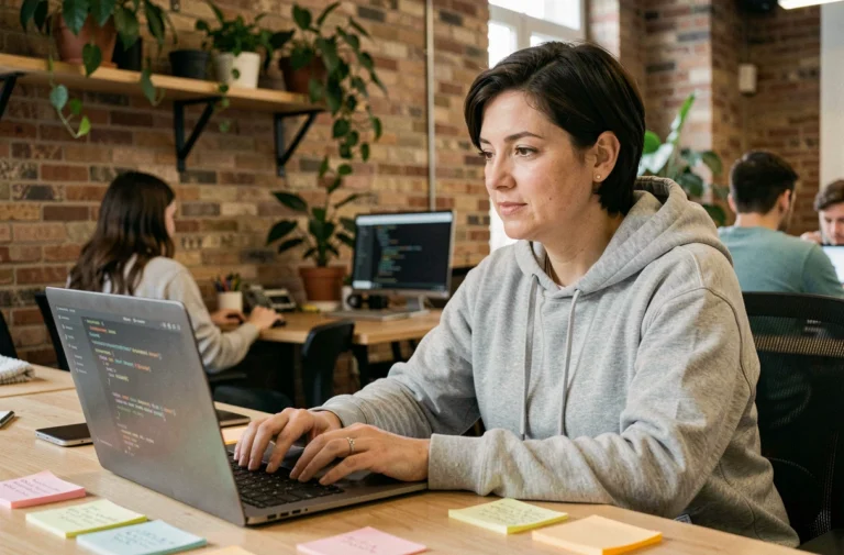 Développeuse concentrée travaillant sur un projet open source dans un espace de co-working moderne