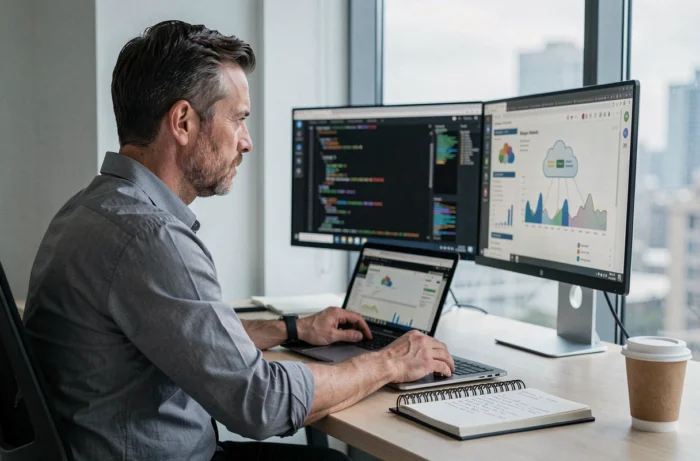 Dirigeant d'entreprise analysant des données cloud et des tableaux de bord analytiques sur deux écrans dans un bureau épuré pour piloter la transformation numérique