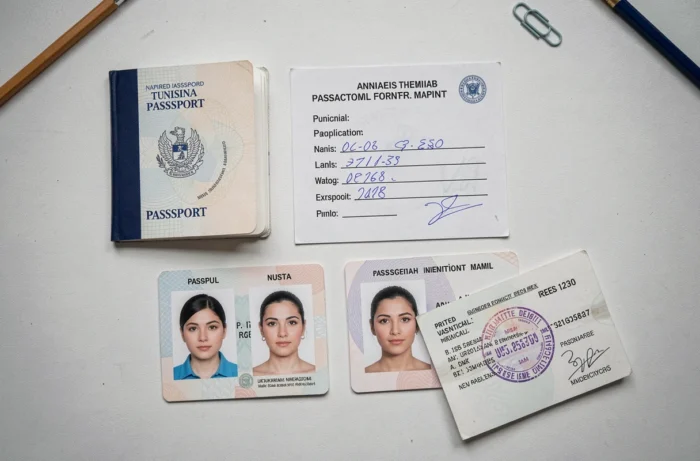 Documents nécessaires au renouvellement du passeport tunisien disposés à plat sur un bureau blanc