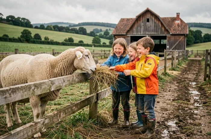 Enfants nourrissant un mouton à travers une clôture en bois lors d'une visite de la ferme pédagogique du Fays dans l'Yonne