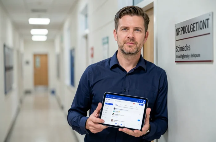 Enseignant consultant sa messagerie académique de Nantes sur une tablette dans un couloir universitaire