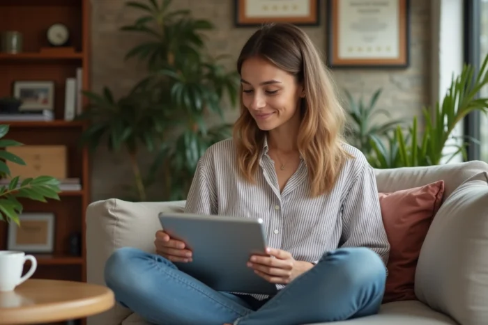 Jeune enseignante consultant son espace personnel iProf Versailles sur une tablette depuis son domicile