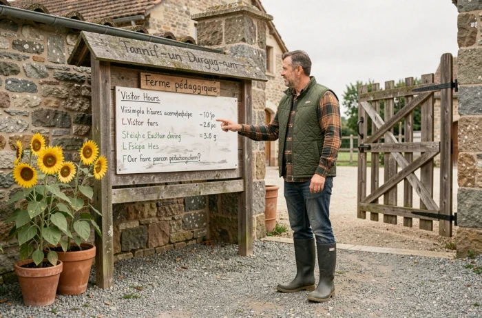 Homme consultant le panneau d'horaires et de tarifs à l'entrée de la ferme pédagogique du Fays dans l'Yonne