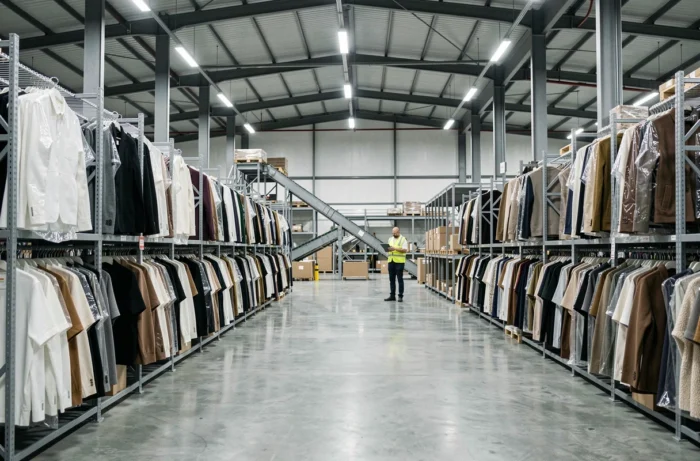 Entrepôt de distribution de vêtements Zara avec des rangées de vêtements emballés prêts à l'expédition mondiale