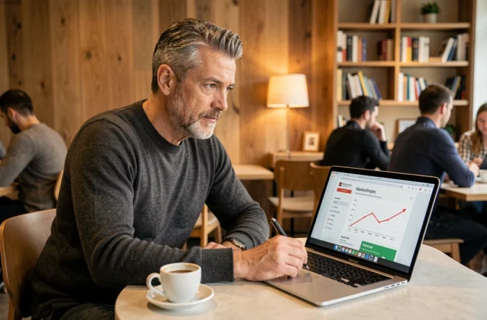 Entrepreneur consultant une campagne d'emailing sur son ordinateur portable dans un café branché