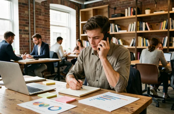 Jeune entrepreneur en appel téléphonique dans un espace de coworking moderne, entouré d'outils de gestion et de planification d'entreprise
