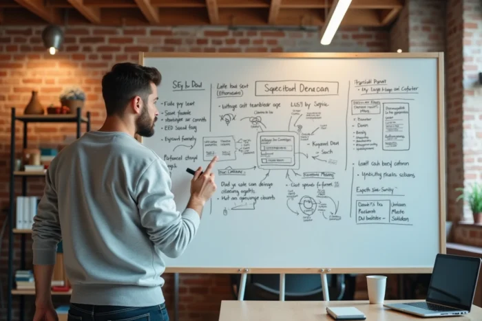 Entrepreneur présentant une stratégie marketing innovante sur un tableau blanc dans un espace de travail créatif