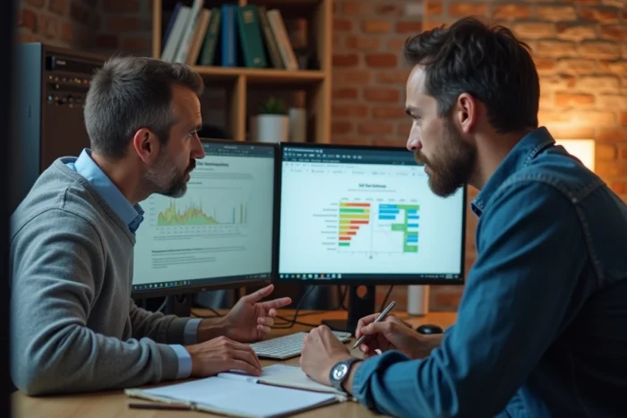 Deux collègues en startup B2B examinant ensemble un rapport de crawl et un sitemap sur double écran