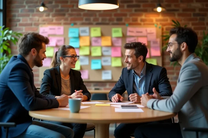 Équipe de professionnels en session de brainstorming stratégique autour du modèle des 5P de Mintzberg dans un espace de coworking