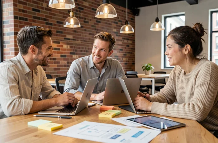 Équipe pluridisciplinaire collaborant autour de prototypes numériques et de wireframes dans un espace de coworking moderne pour un projet d'innovation numérique