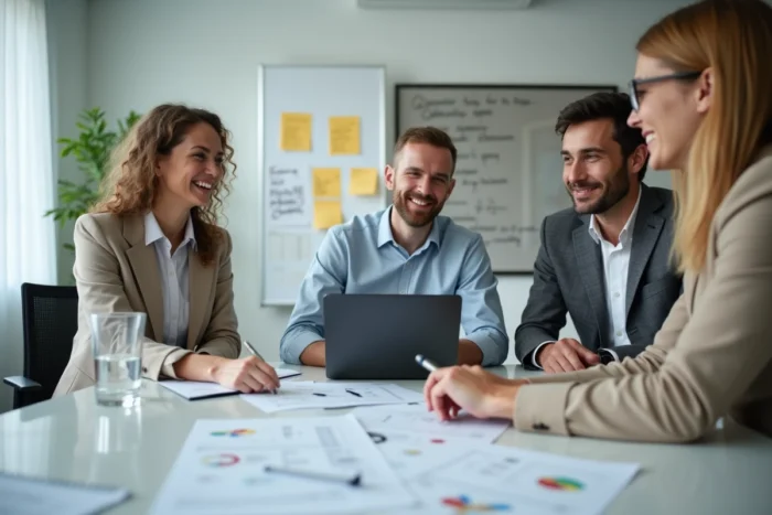 Équipe professionnelle comparant différents logiciels de traduction instantanée lors d'une réunion