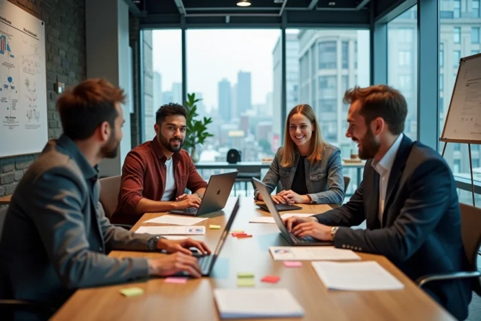 Équipe marketing collaborative réunie autour d'une table de réunion pour élaborer des stratégies de visibilité en ligne