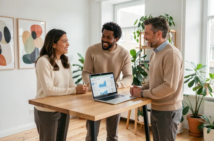 Équipe professionnelle diversifiée collaborant autour d'un tableau de bord numérique pour accompagner le développement de leur entreprise