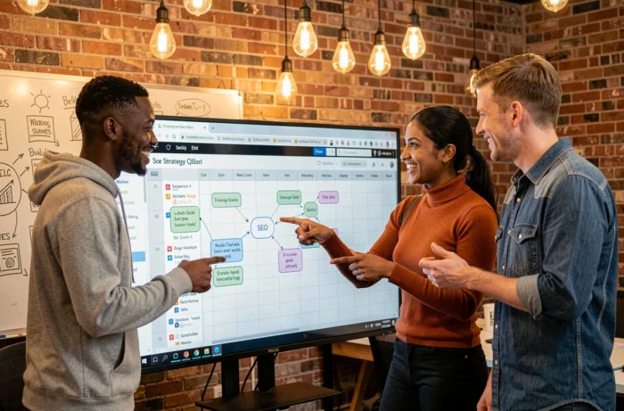 Équipe marketing collaborative discutant d'une stratégie de contenu digital devant un écran