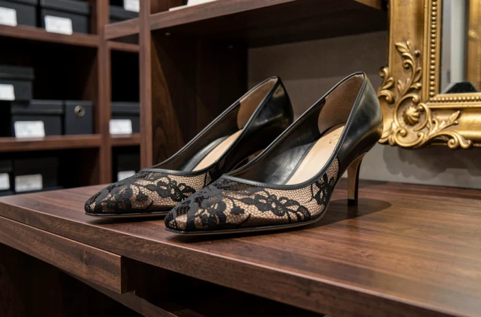Escarpins noirs en cuir avec dentelle fine exposés sur une étagère en bois dans une boutique de chaussures luxueuse