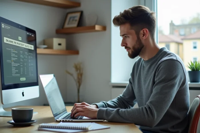 Homme jeune utilisant un outil d'estimation immobilière gratuite en ligne sur ordinateur portable