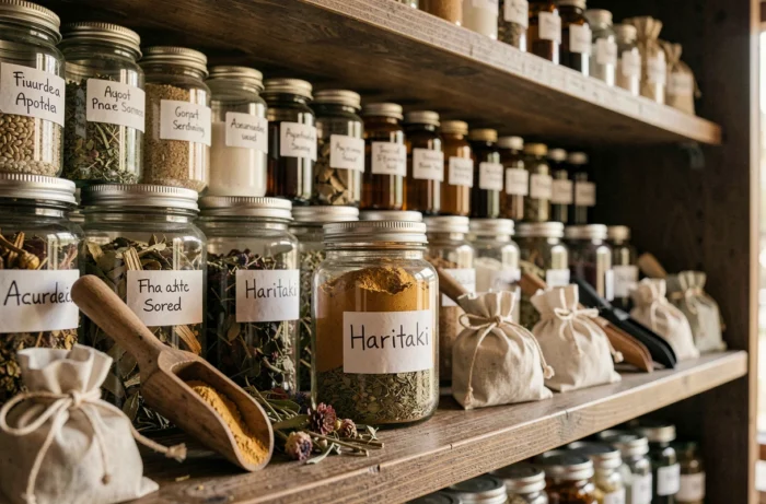 Étagère d'apothicaire ayurvédique avec bocaux d'herbes médicinales dont un pot d'haritaki étiqueté à la main, illustrant l'usage traditionnel et les précautions d'emploi de cette plante