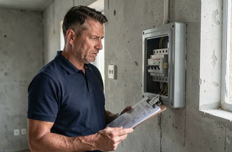 Gestionnaire immobilier inspectant un tableau électrique hors tension lors d'un état des lieux sans électricité dans un appartement vide