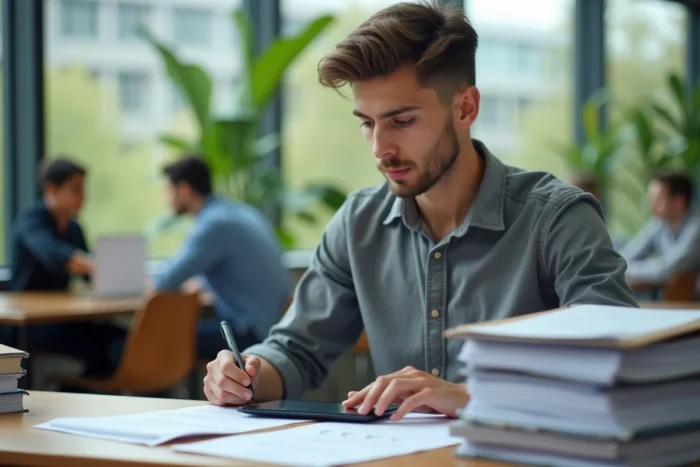 Étudiant consultant son dossier de candidature universitaire dans une bibliothèque moderne avec documents imprimés