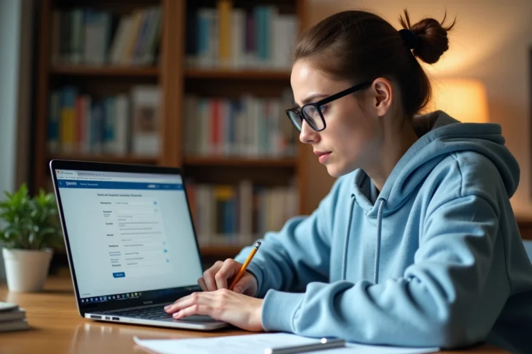 Étudiante remplissant un dossier de candidature en ligne sur la plateforme eCandidat depuis sa chambre universitaire