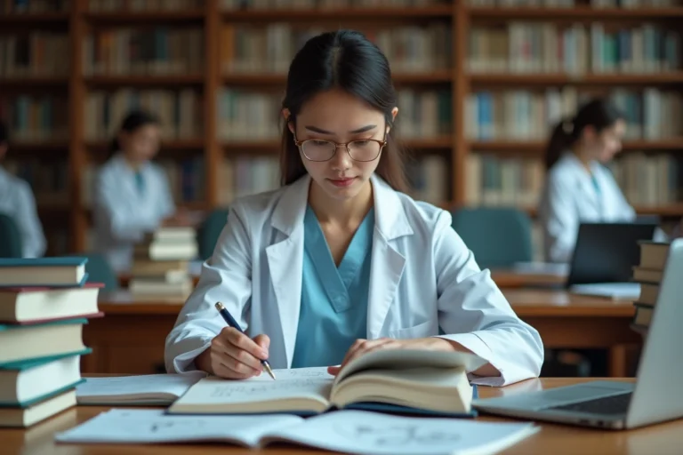 Étudiante en médecine qui révise des manuels d'anatomie dans une bibliothèque universitaire européenne