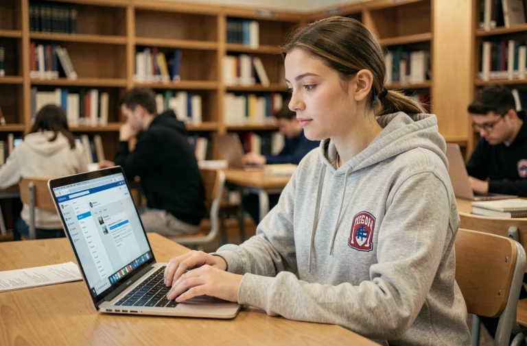 Étudiante accédant à sa messagerie académique sur un ordinateur portable dans une bibliothèque universitaire