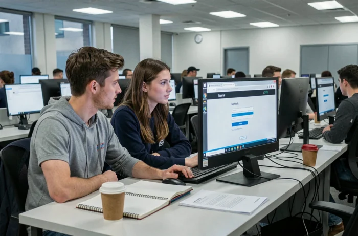 Deux étudiants accédant ensemble à la messagerie académique sur un ordinateur de salle informatique universitaire