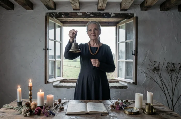 Femme âgée faisant sonner une cloche rituelle devant une fenêtre d'une vieille ferme lors d'un exorcisme traditionnel de maison