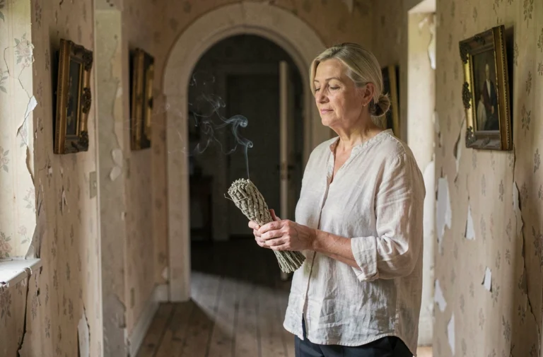 Femme tenant un bouquet de sauge blanche fumante dans un couloir ancien pour purifier une maison des mauvais esprits