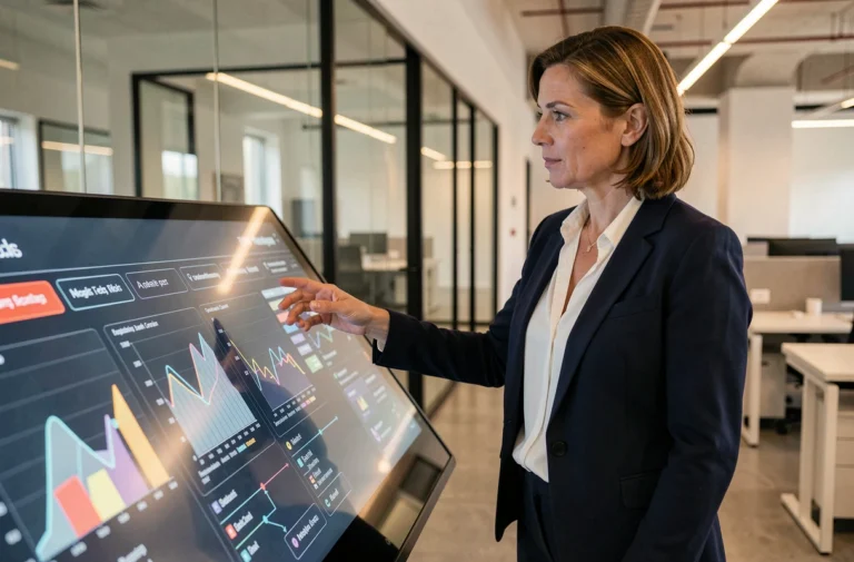 Femme d'affaires présentant un tableau de bord numérique interactif dans un bureau moderne pour illustrer la transformation digitale en entreprise