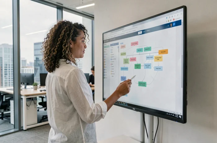 Jeune femme analysant la structure et l'arborescence d'un site web sur un écran mural dans un espace de coworking moderne