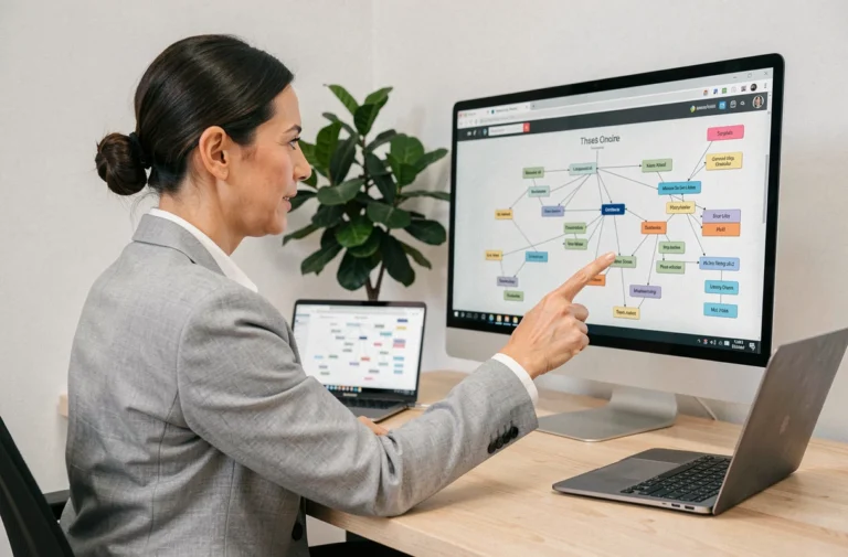 Une femme professionnelle analyse une carte de site web structurée sur un écran d'ordinateur dans un bureau moderne