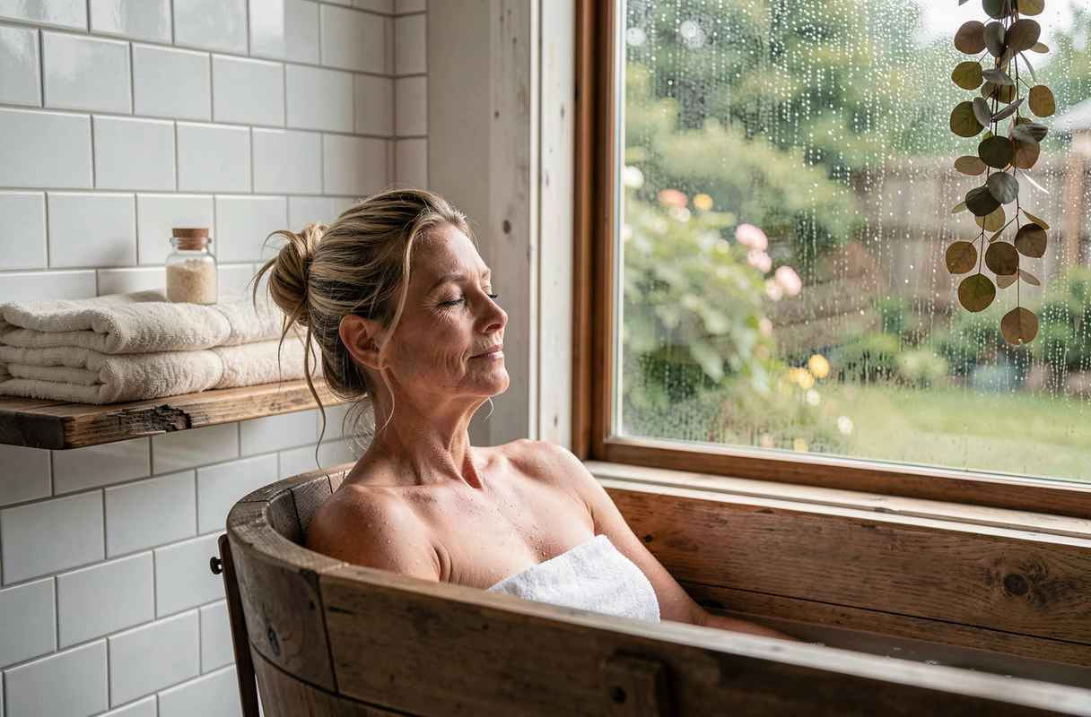 Femme se relaxant dans un bain en bois naturel près d'une fenêtre avec vue sur jardin, illustrant le bien-être, la détente profonde et le ressourcement au quotidien