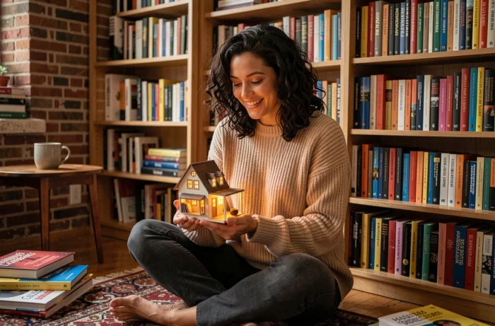 Femme tenant un book nook original devant une bibliothèque en bois dans une ambiance cosy de bibliothèque à domicile