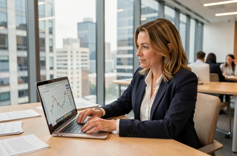 Femme cadre en blazer marine analysant des graphiques financiers sur un ordinateur portable dans un bureau moderne avec vue urbaine