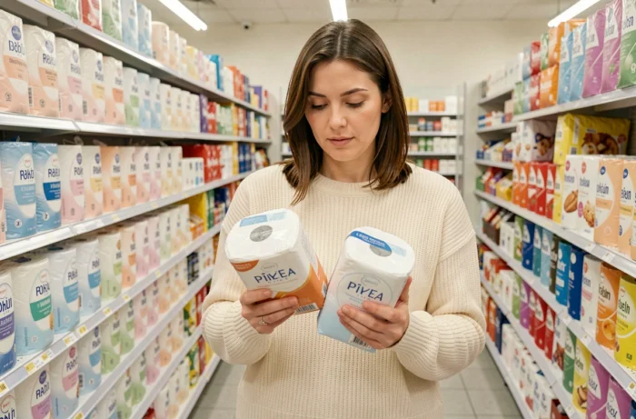 Femme comparant deux marques de papier toilette de qualité dans le rayon d'une grande surface