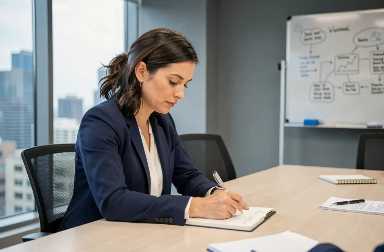 Femme professionnelle prenant des notes lors d'une session de coaching en entreprise dans un bureau moderne