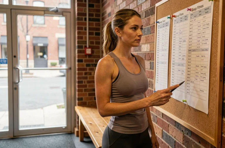 Femme en tenue de sport découvrant les activités proposées dans une salle de fitness urbaine