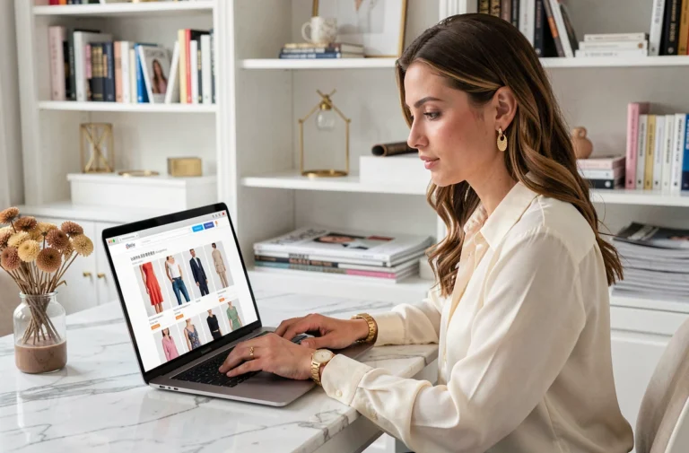 Femme élégante explorant une boutique glamour en ligne sur un laptop dans un bureau parisien décoré avec des accents dorés
